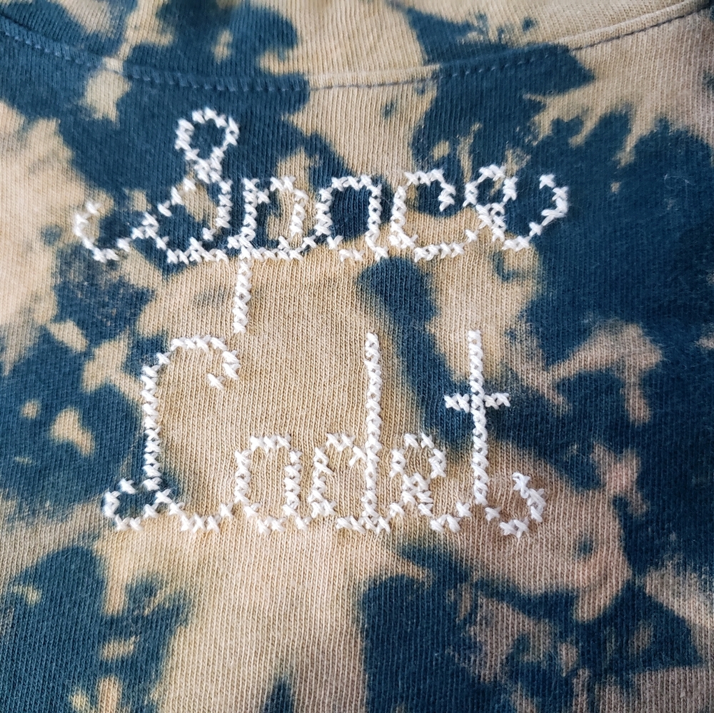 New Twik Reverse Tiedyed And Cross Stitched XL Tee In Deep Turquoise And Tan.